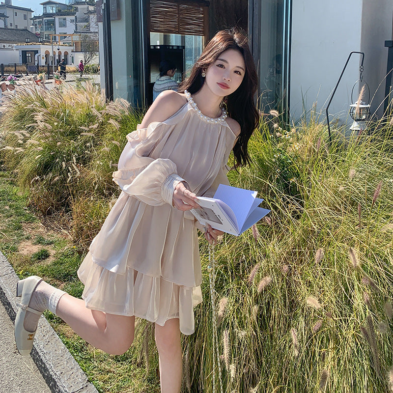 Apricot Super Fairy Halter Off-the-Shoulder Dress Women's Long Sleeve Spring New French Vacation Style Princess Dress Pettiskirt