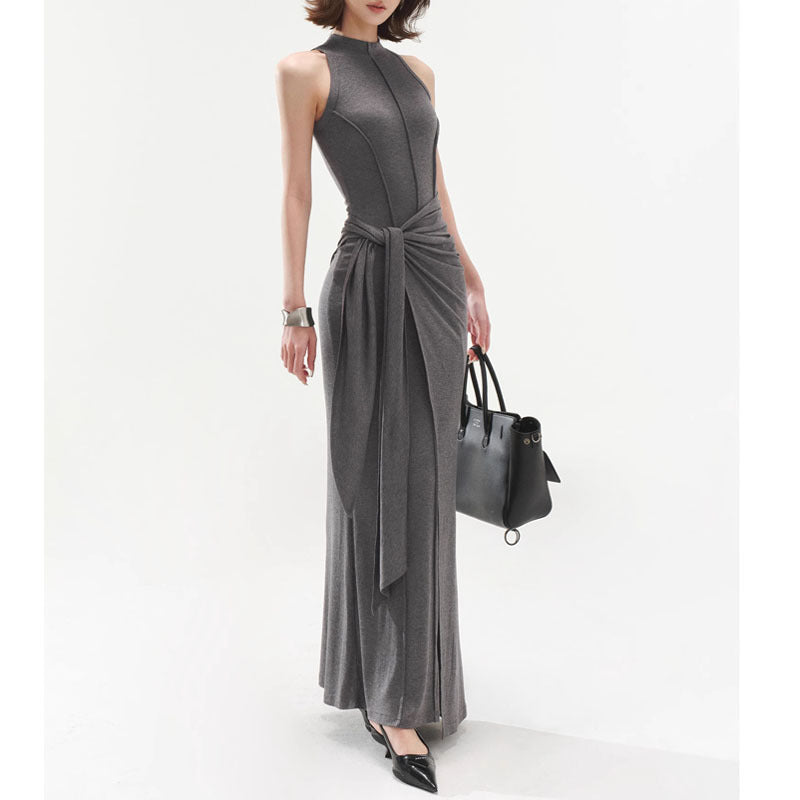 Elegant High-End Gray Modal Vest Dress Slim Fit Fake Two-Piece Bodycon Hot Girl Long Dress
