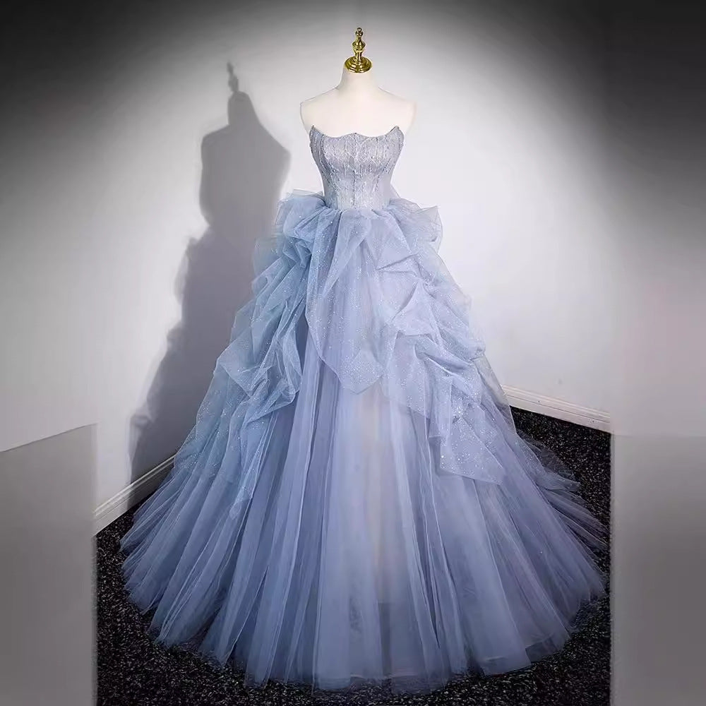 off-Shoulder Evening Dress 2025 Haze Blue Piano Performance Adult Ceremony Wedding Dress Bel Canto Solo Blue Gauze Skirt Art Test