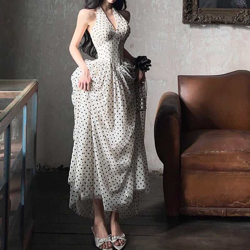 Polka Dot Halter Neck Dress for Women New Fishbone V-neck Long Dress Elegant Waist-cinching Gentle Style Trend