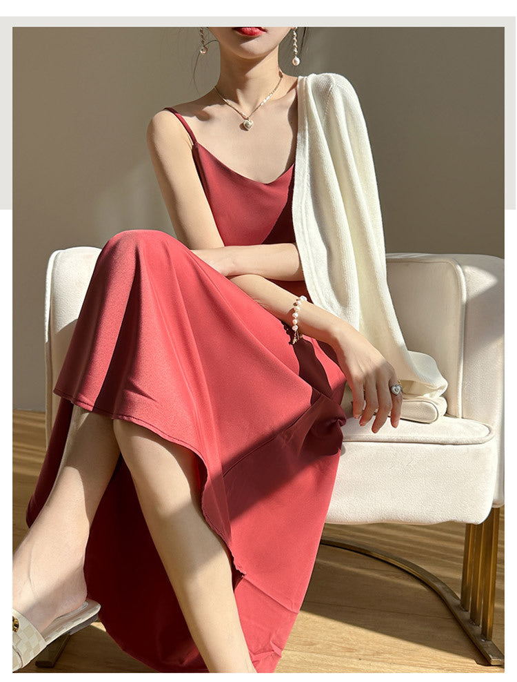 Summer New Mid-Length Sleeveless Off-Shoulder Light Luxury Mulberry Silk Acetate Satin Imitation Silk Strap Dress for Women