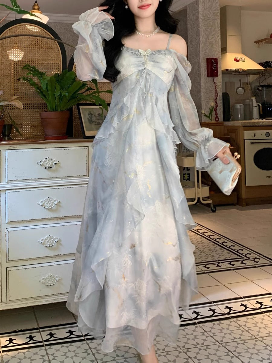 Elegant Gray Blue Gradient Fairy Butterfly Ruffle Long Sleeve Dress for Women