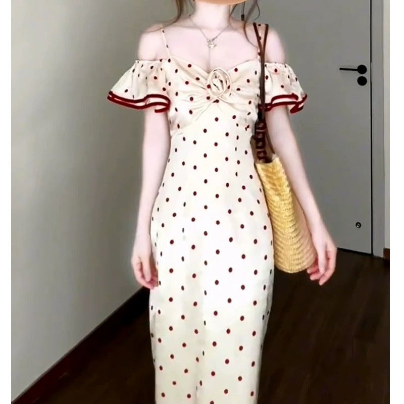 French Style Sweet and Spicy Girl Polka Dot Strap Dress for Women Summer Design Gentle Princess Dress Waist-Cinching Long Dress