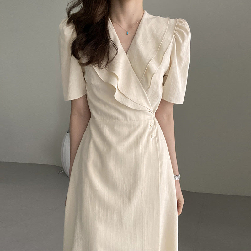 French Retro Double-Layer Collar Buckle Waist Slimming Mid-Length One-Piece Puff Sleeve Dress Women