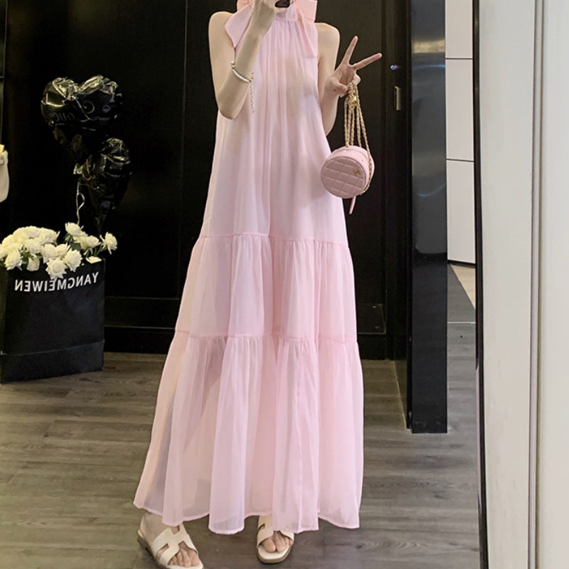 Elegant French Style Neck Hanging dress Bow Design Sense Salt Sweet Age-reducing Super Fairy Long Dress for Children