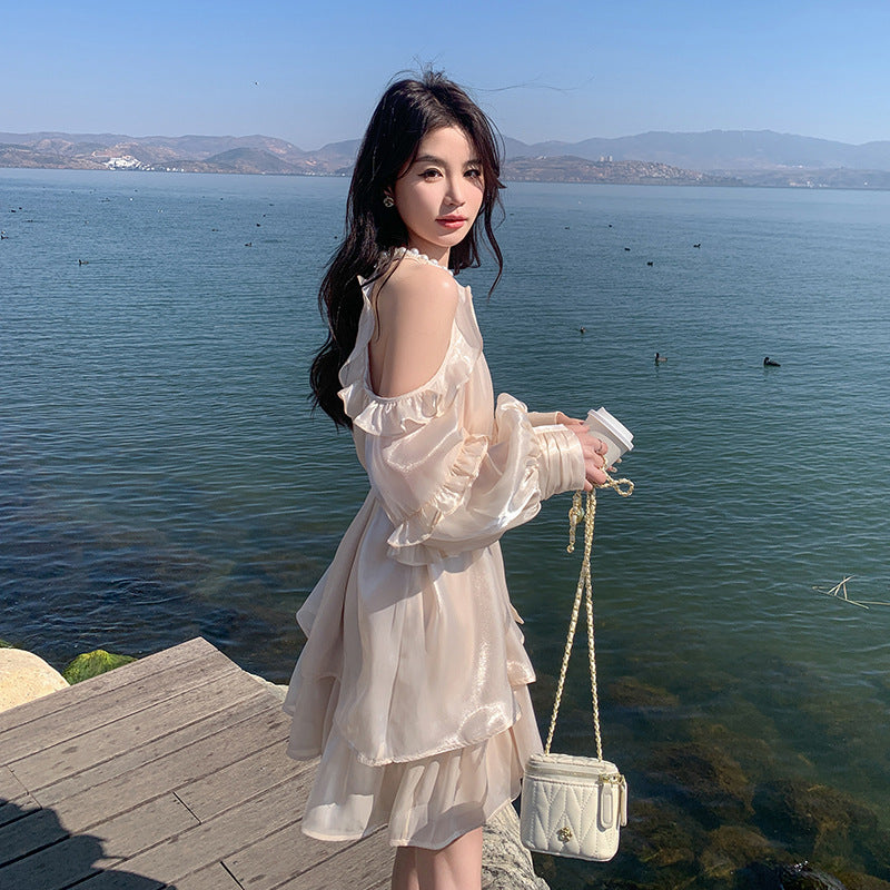 Apricot Super Fairy Halter Off-the-Shoulder Dress Women's Long Sleeve Spring New French Vacation Style Princess Dress Pettiskirt