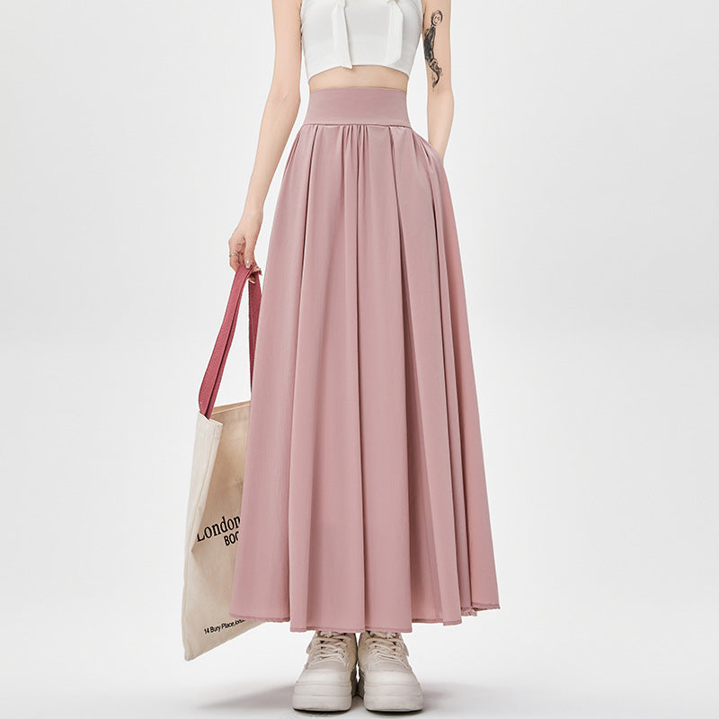 Women's Summer High Waist Maxi Skirt Korean Fashion Pockets Casual Sweet Long A-line Skirts Plain White Black Pink