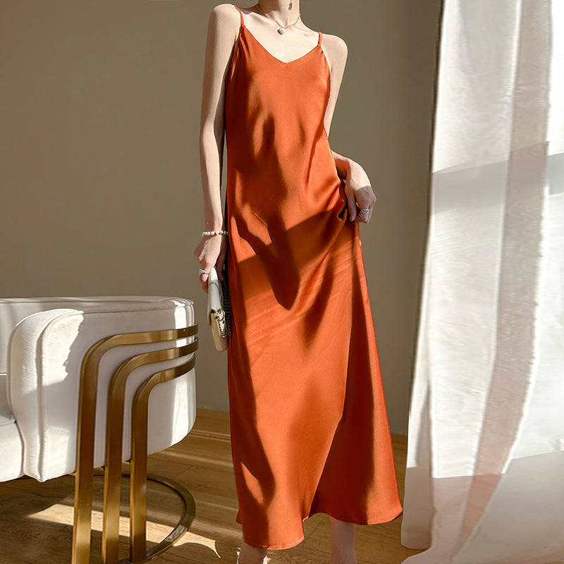 Summer New Mid-Length Sleeveless Off-Shoulder Light Luxury Mulberry Silk Acetate Satin Imitation Silk Strap Dress for Women