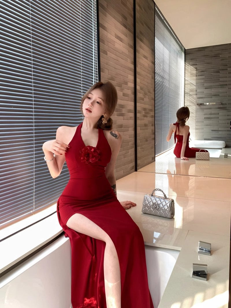 Red Three-Dimensional Flower Halter Neck Dress for Women, Summer Slim Fit Long Dress, Pure Desire Waist-Cinching Slit Bodycon Dress