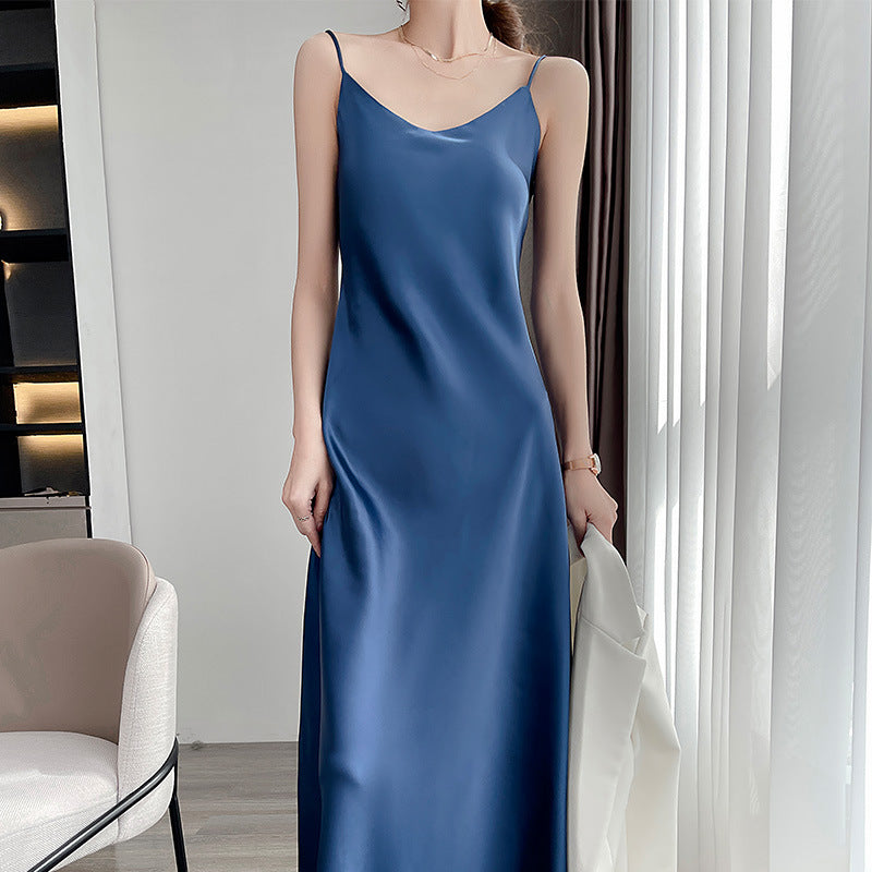 Summer New Mid-Length Sleeveless Off-Shoulder Light Luxury Mulberry Silk Acetate Satin Imitation Silk Strap Dress for Women