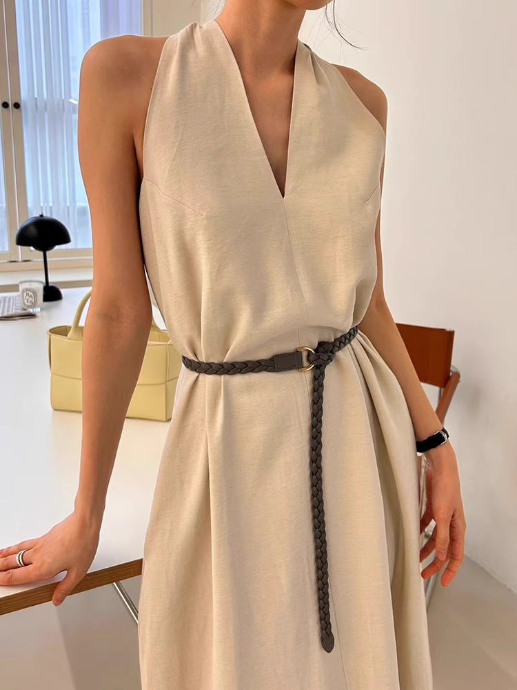 South Korea chic Summer Retro High Sense V Collar Waist-Tight Thin over the Knee Long Halter Vest Dress Women