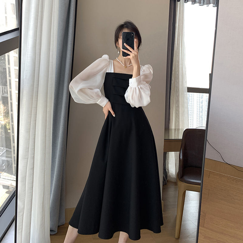 Long Sleeve Black Chiffon Dress Elegant Dress for Women New Spring Autumn Patchwork Square Neck French Style Retro Mesh Dress