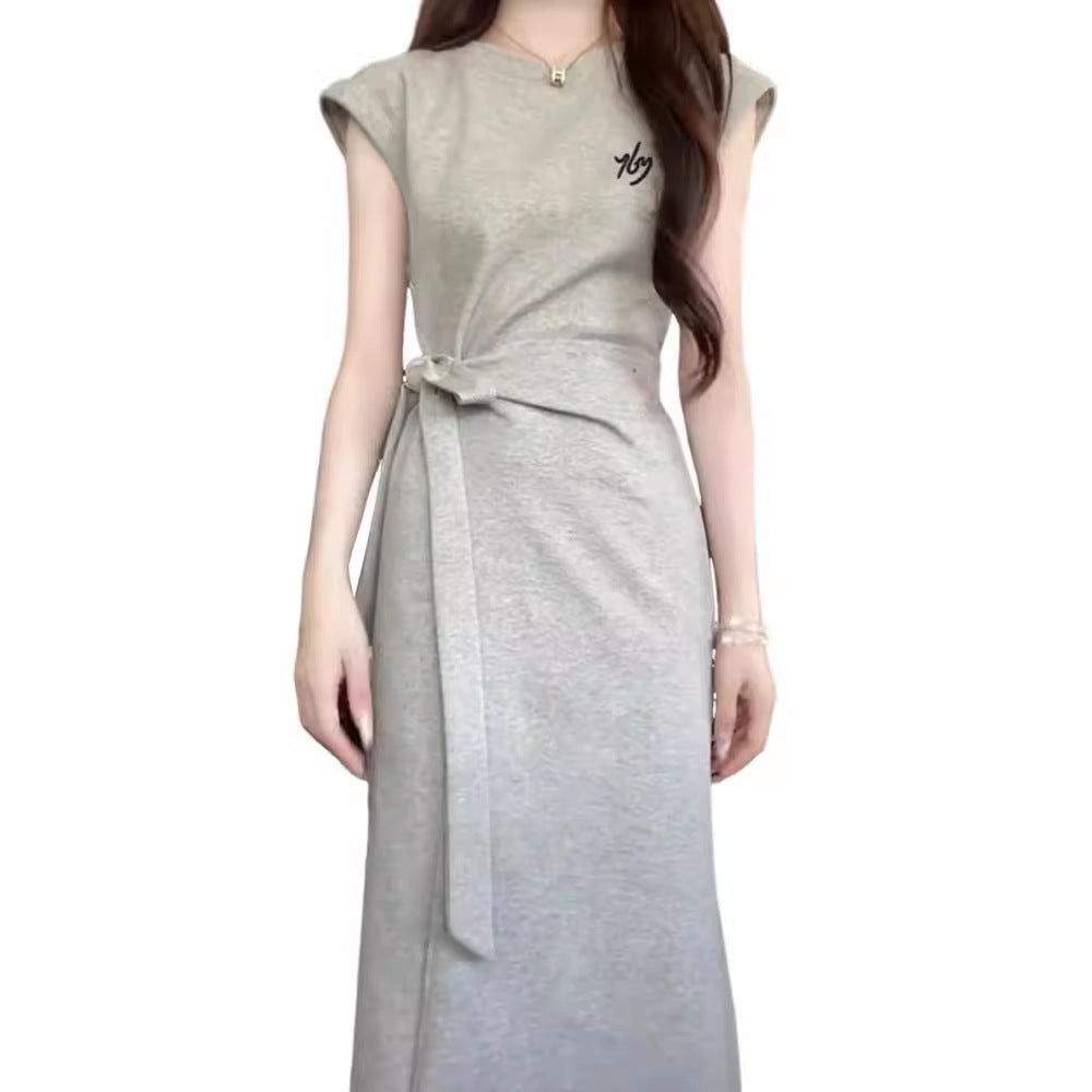 New French Style Gray Short Sleeve Dress for Women Summer Elegant High-end Casual Waist-cinching Long Dress