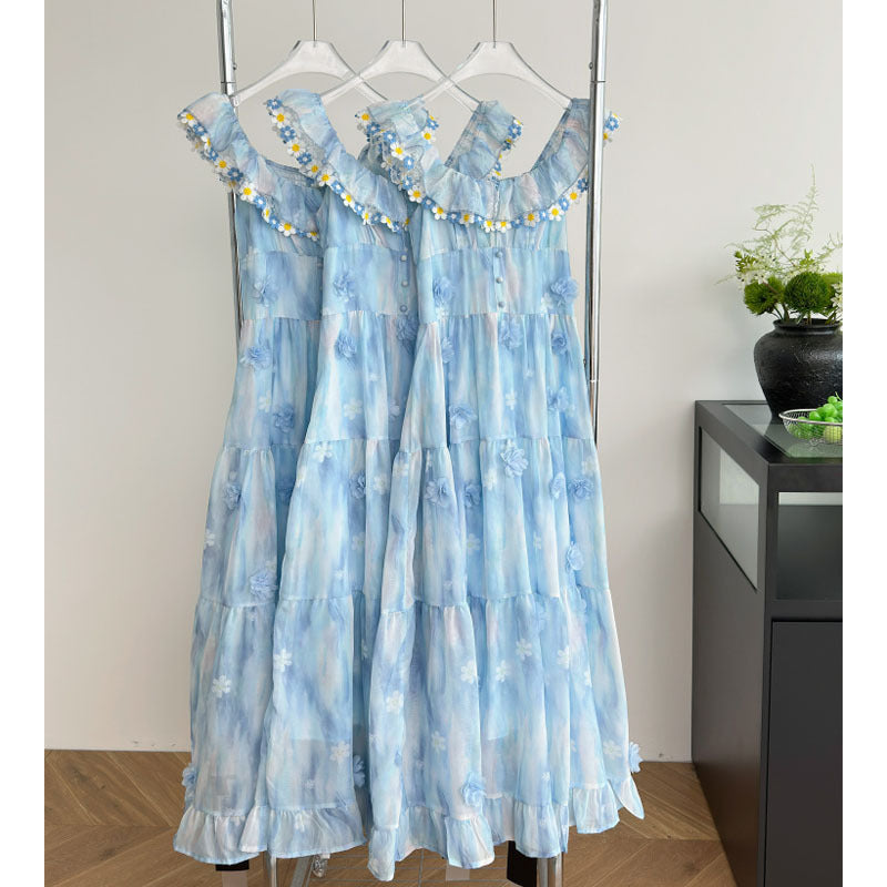 Blue Long Chiffon Printed Dress with Flutter Sleeves, French Sweet Style, Slimming Dress