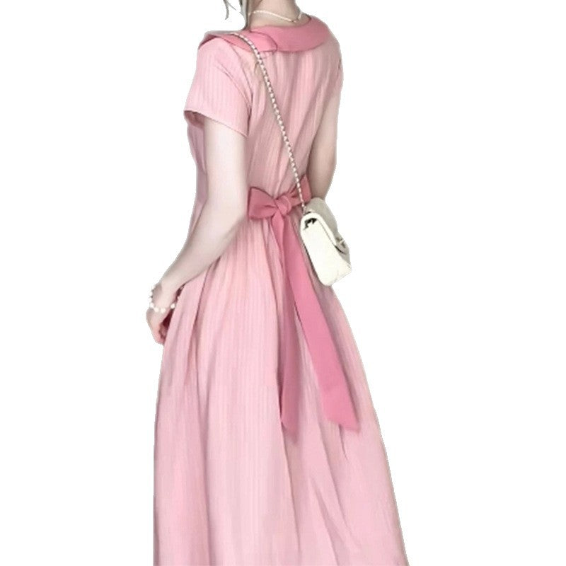 French Style Gentle Pink Striped Dress for Women Summer New Bow Tie Waist Mid-Length Dress Short Sleeve Trendy