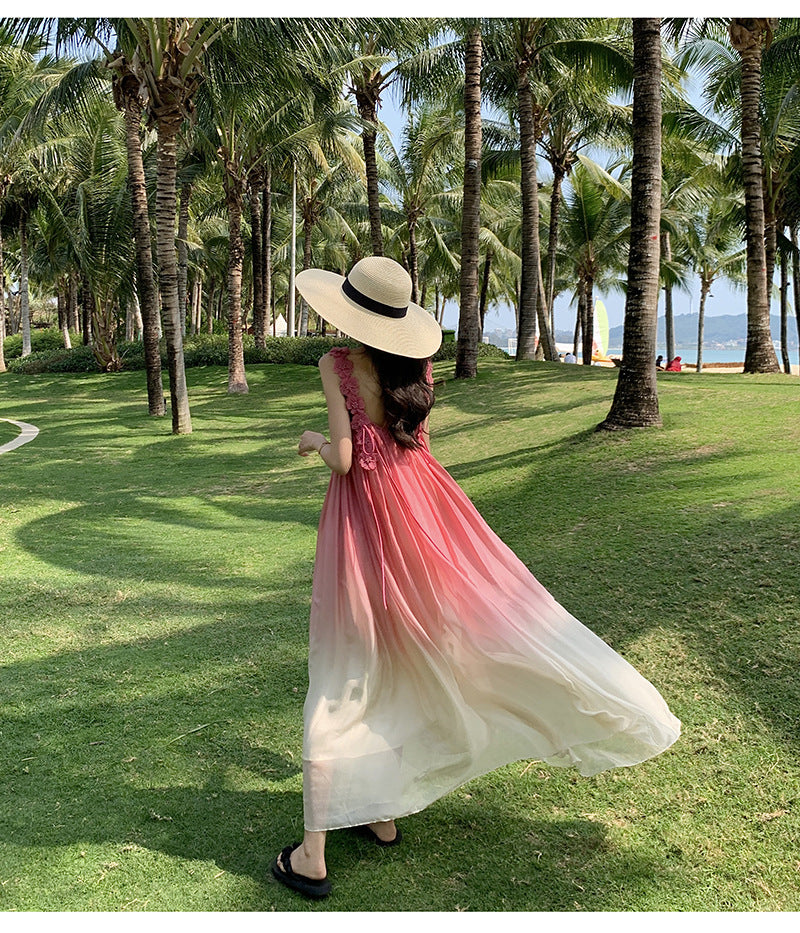 Beach Dress Sanya Vacation Strap Long Dress Pink Gradient Chiffon Dress Super Fairy