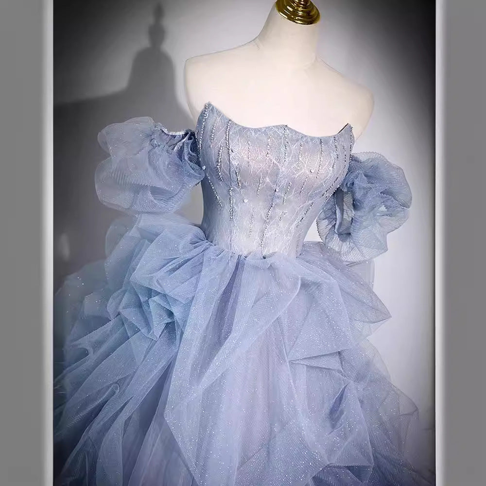 off-Shoulder Evening Dress 2025 Haze Blue Piano Performance Adult Ceremony Wedding Dress Bel Canto Solo Blue Gauze Skirt Art Test