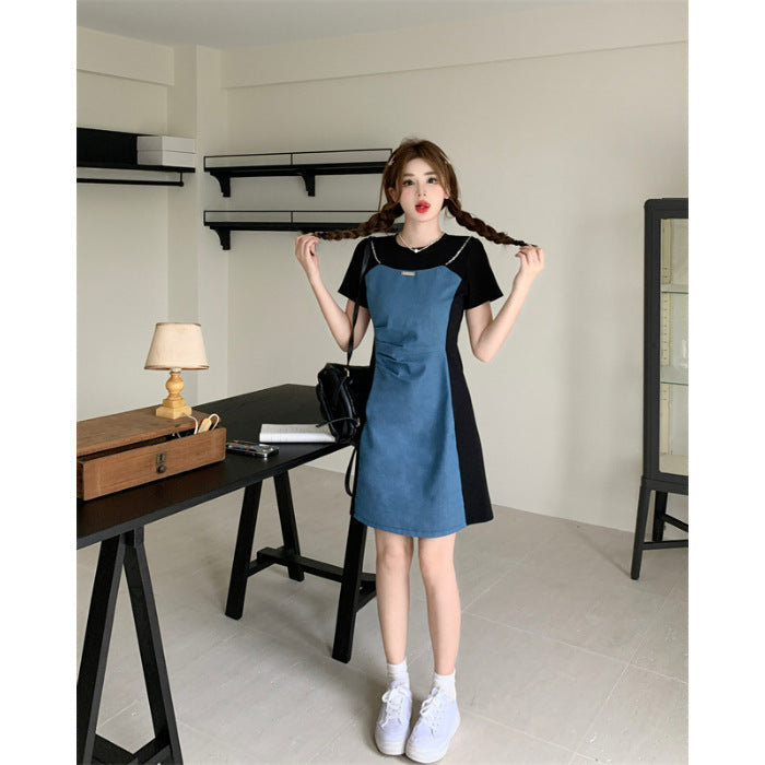 Small Size plus size Not Pick Body Retro Denim Stitching dress Women's New Summer Skirt Belly Covering Slim A- line Skirt