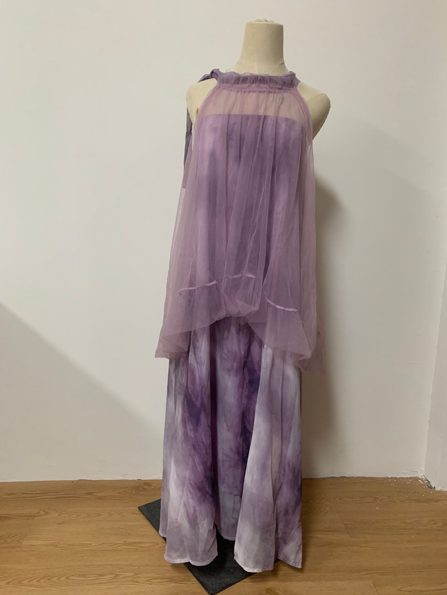 Light Raspberry Powder Jacquard Mesh Halter Fake Two Pieces Dress High Sense Morning Gowns Sleeveless Skirt