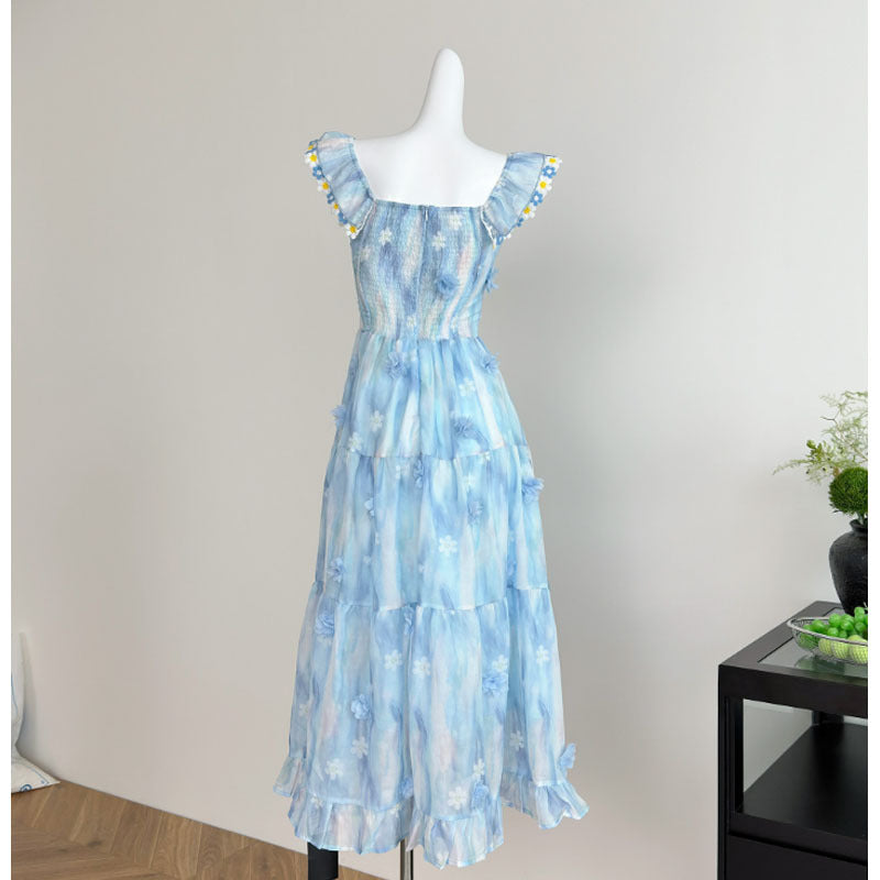 Blue Long Chiffon Printed Dress with Flutter Sleeves, French Sweet Style, Slimming Dress