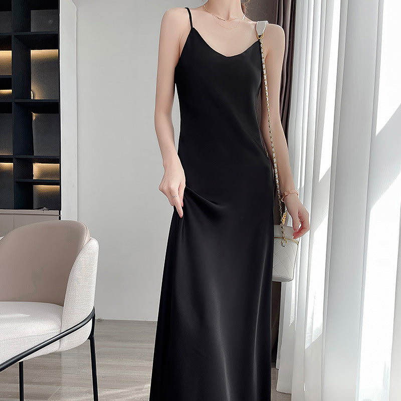 Summer New Mid-Length Sleeveless Off-Shoulder Light Luxury Mulberry Silk Acetate Satin Imitation Silk Strap Dress for Women