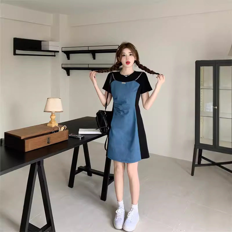 Small Size plus size Not Pick Body Retro Denim Stitching dress Women's New Summer Skirt Belly Covering Slim A- line Skirt
