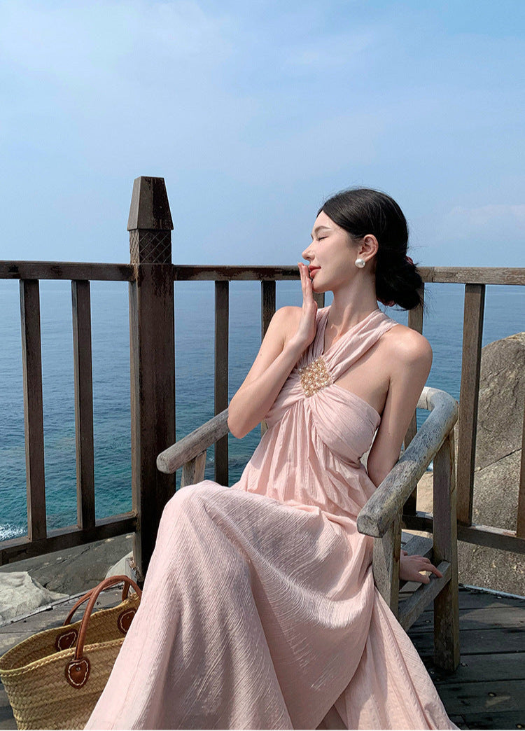 Pure Desire High-End Elegant Pink Dress for Women Summer Vacation Style Niche Design Halter Neck Vacation Slip Dress