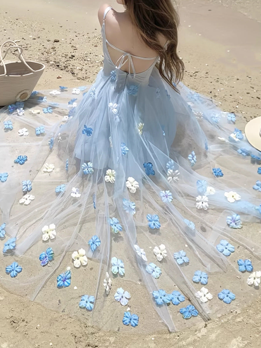 Summer New "Sea Salt Mint" French Gentle Romantic Three-dimensional Flower Elegant Blue Sling dress