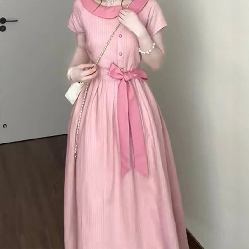 French Style Gentle Pink Striped Dress for Women Summer New Bow Tie Waist Mid-Length Dress Short Sleeve Trendy