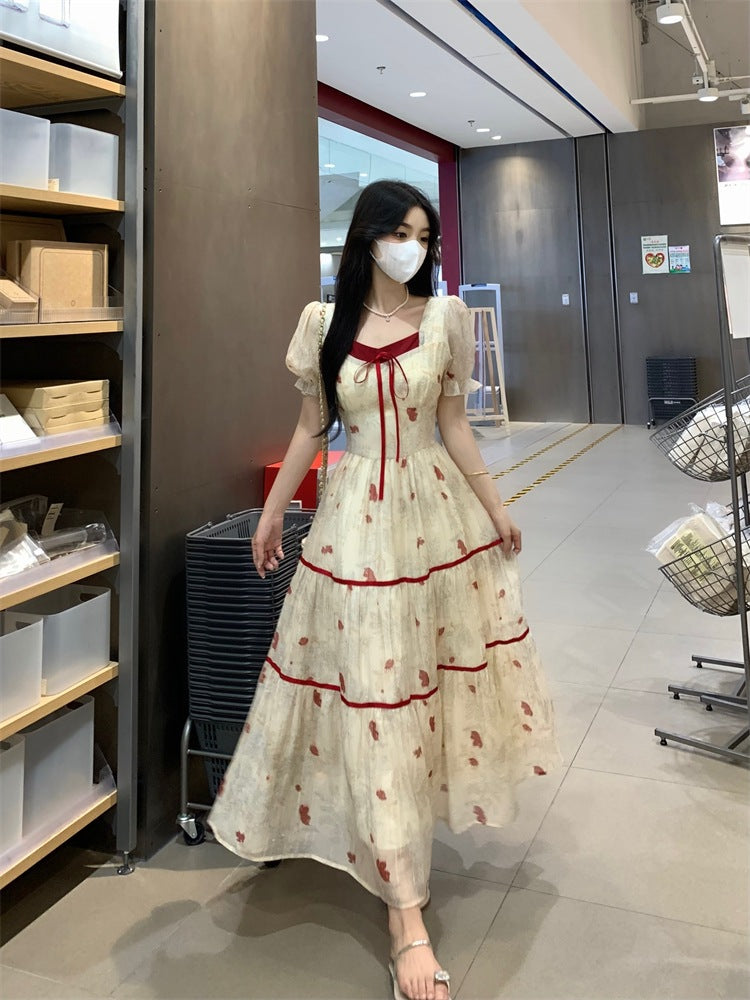 Plus Size Women's French Style Color Block Print Dress Waist Slimming Square Neck First Love Long Dress