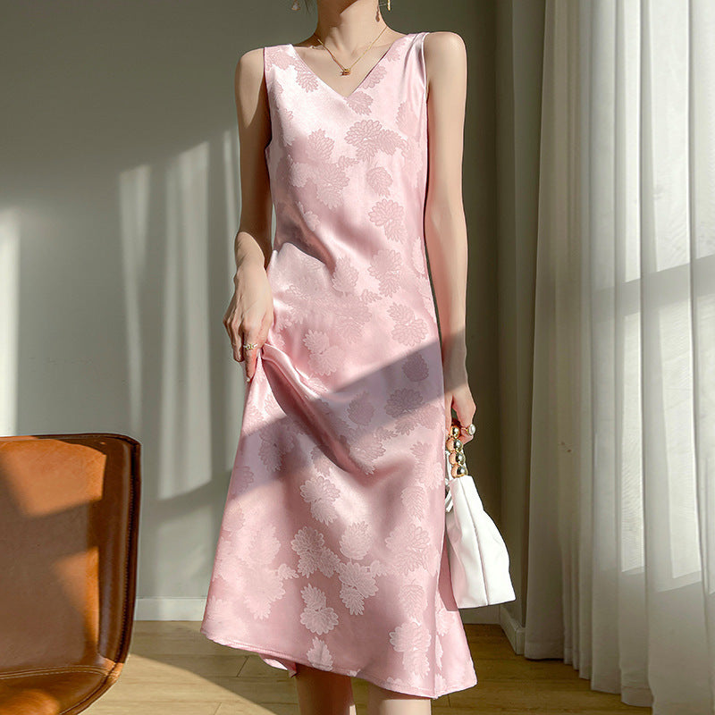 Women's Acetate Satin Mid-Length Dress Spring and Summer New Leaf Printing Niche Minimalist Style Sleeveless Skirt