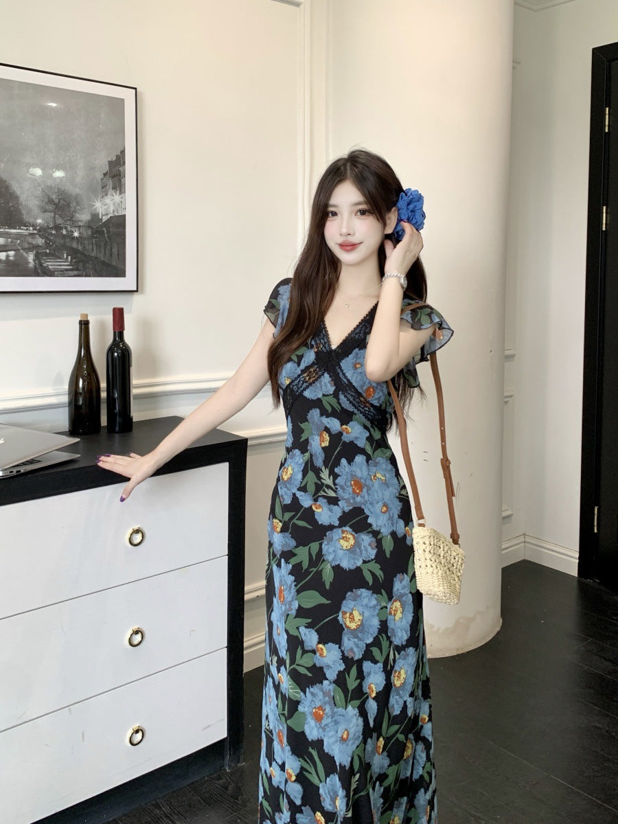 Plus Size Women's Summer Vacation Style Lace Elegant V-Neck Small Flutter Sleeve Rose Print Dress