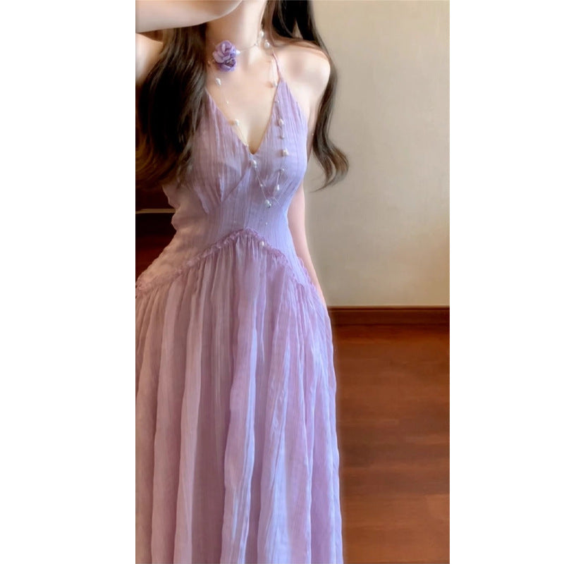 French-style Purple Halter Neck Strap Beach Vacation Elegant Beach Dress