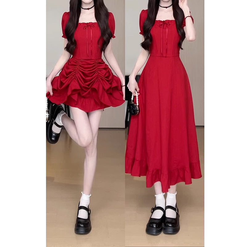 One Dress Wear More Red Cake Dress Early Summer Birthday Ancient Military Uniform French Short Sleeve Dress Waist Dress Square Collar Pleating