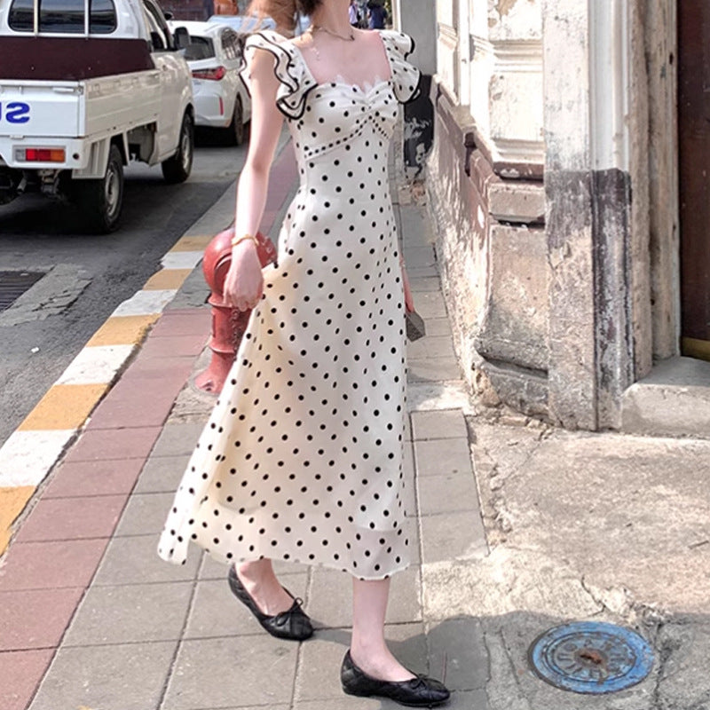 Long Black and White Polka Dot Waist-Cinching Strap Dress Vintage Elegant Slim Dress