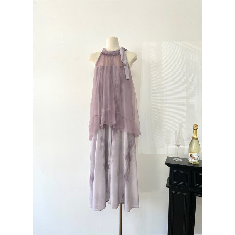 Light Raspberry Powder Jacquard Mesh Halter Fake Two Pieces Dress High Sense Morning Gowns Sleeveless Skirt