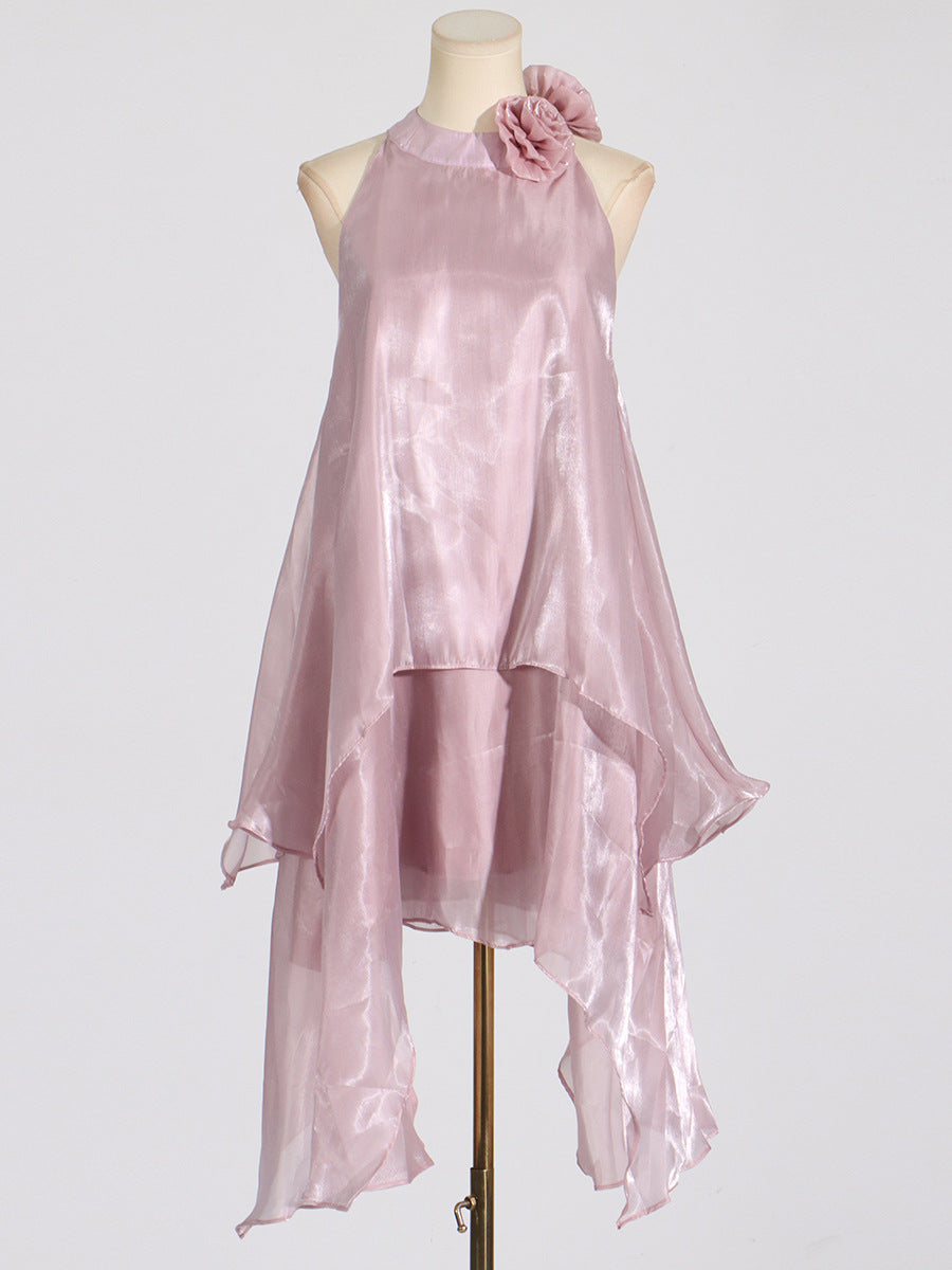 Fashion Sweet Style Floral Halter Neck Design Sleeveless Irregular Satin Dress for Women