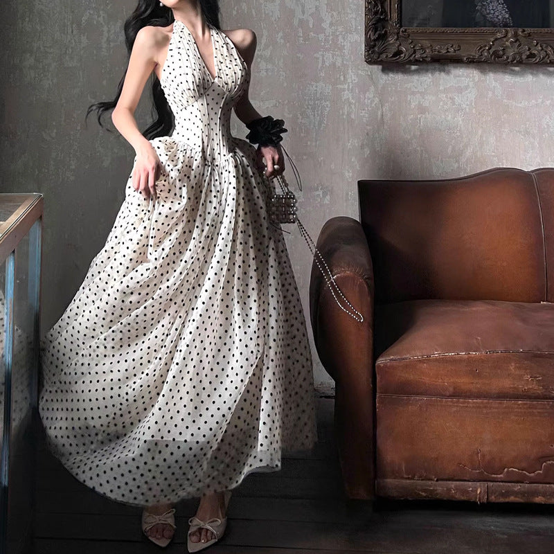 Polka Dot Halter Neck Dress for Women New Fishbone V-neck Long Dress Elegant Waist-cinching Gentle Style Trend