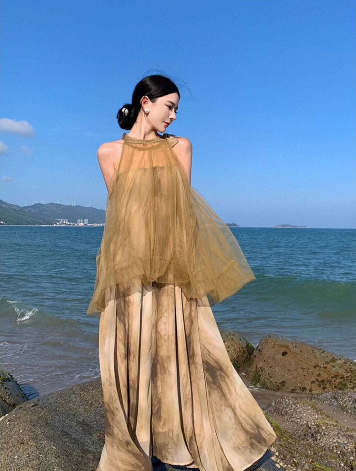 Light Raspberry Powder Jacquard Mesh Halter Fake Two Pieces Dress High Sense Morning Gowns Sleeveless Skirt