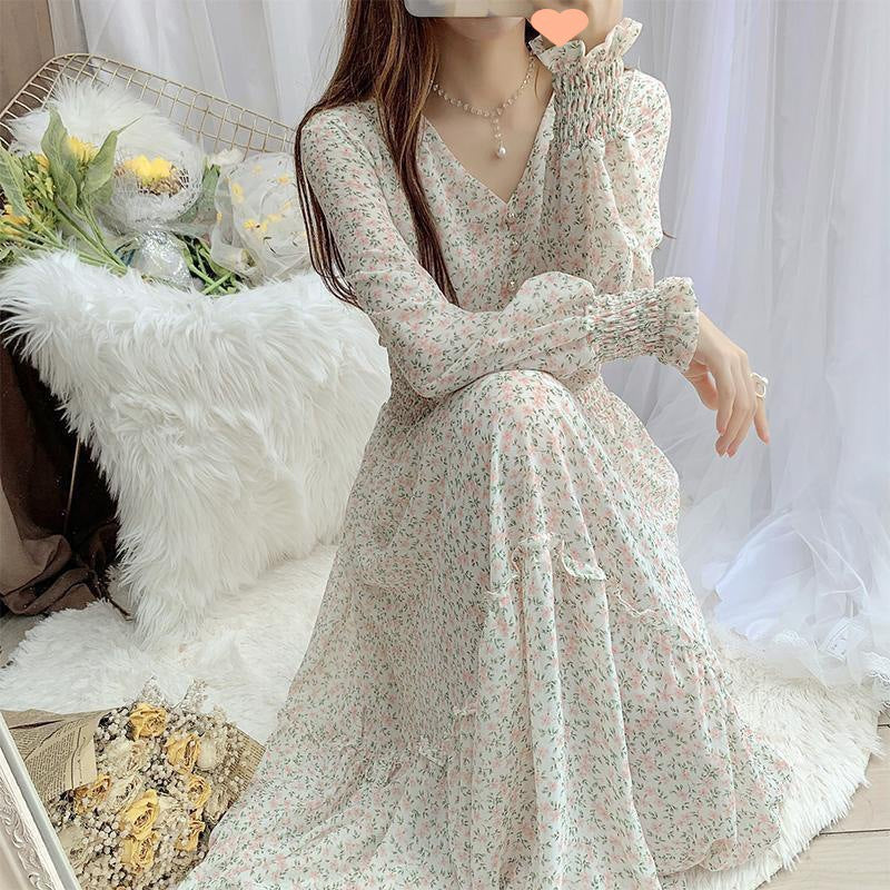 Artistic Style Floral Skirt Chiffon Dress Long Skirt Spring New Korean Style Fairy Dress Ruffled Large Swing Skirt