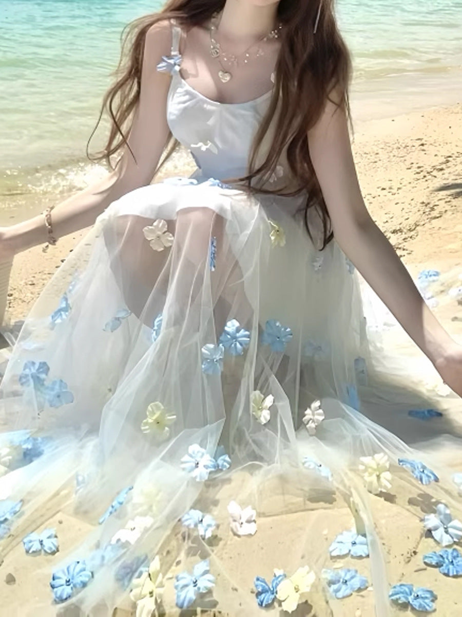 Summer New "Sea Salt Mint" French Gentle Romantic Three-dimensional Flower Elegant Blue Sling dress