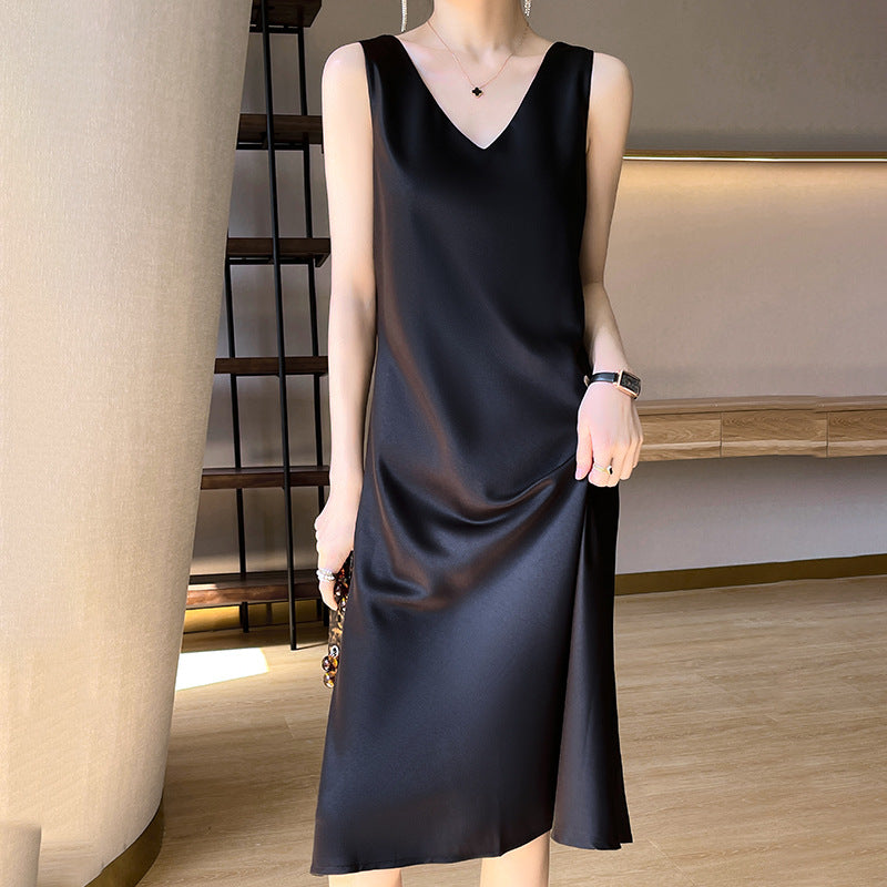 Acetate Satin High-End Summer Strap Dress for Women, Fashionable Versatile Sleeveless Elegant Dress for Outerwear