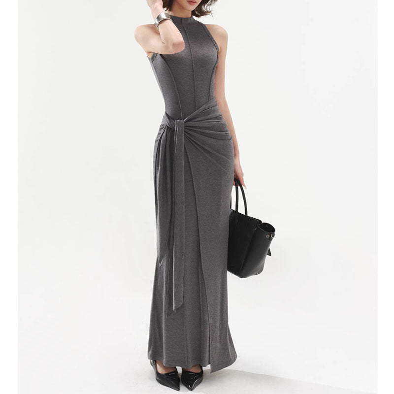 Elegant High-End Gray Modal Vest Dress Slim Fit Fake Two-Piece Bodycon Hot Girl Long Dress