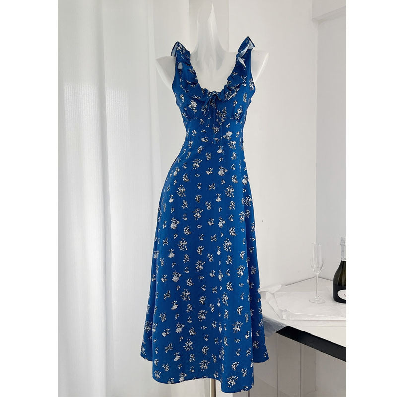 Klein Blue Romantic Floral Tie Dress That Enhances Fair Skin