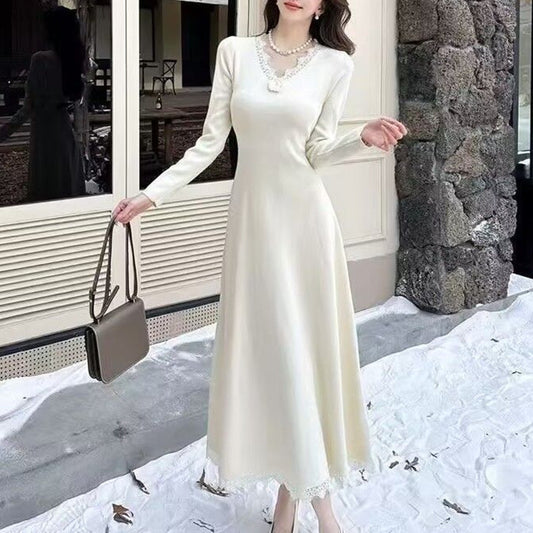 Autumn Winter New Gentle Waist Slimming Inner Wear Over-the-Knee Long Skirt Lace Edge Floral Knitted Dress for Women