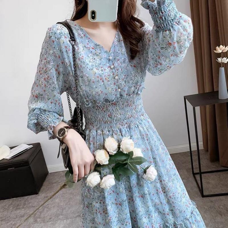Artistic Style Floral Skirt Chiffon Dress Long Skirt Spring New Korean Style Fairy Dress Ruffled Large Swing Skirt