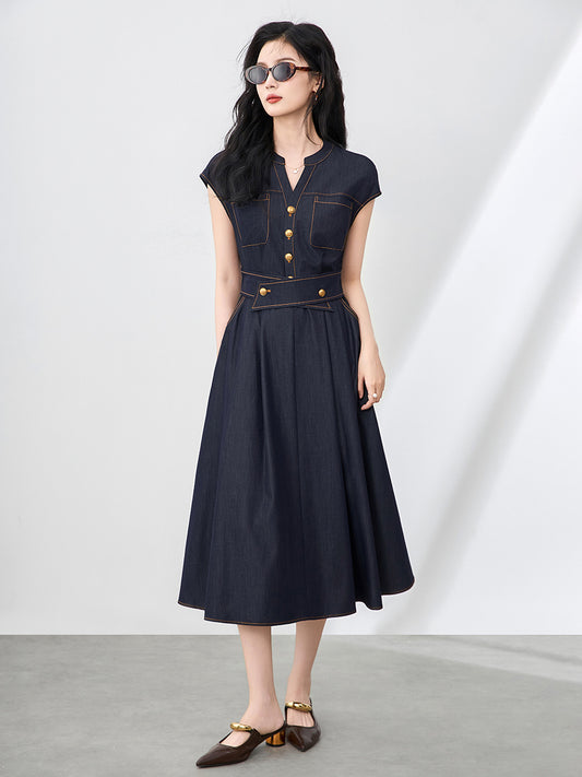 Light Mature Retro Hong Kong Style Elegant Slim Fit Tank Dress Ice Silk Cotton Denim Skirt