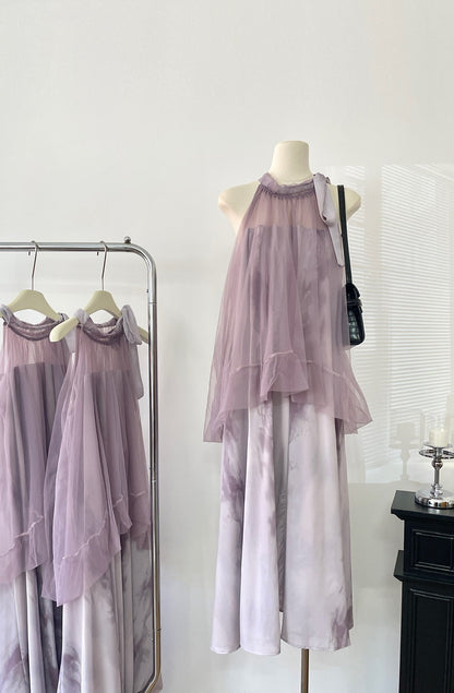 Light Raspberry Powder Jacquard Mesh Halter Fake Two Pieces Dress High Sense Morning Gowns Sleeveless Skirt
