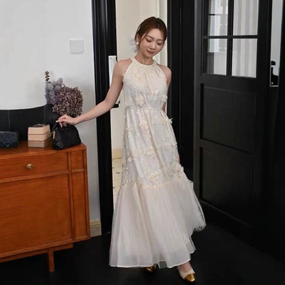 Lace Embroidered Vest Patchwork Long Sleeveless Fake Two-Piece Halter Dress