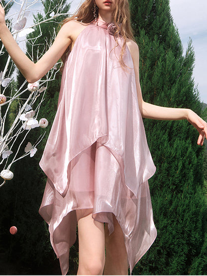 Fashion Sweet Style Floral Halter Neck Design Sleeveless Irregular Satin Dress for Women